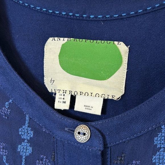 Anthropologie Sz 4 Dubois Embroidered Blue Tunic Dress Button Down Boho Cottage - Picture 5 of 10